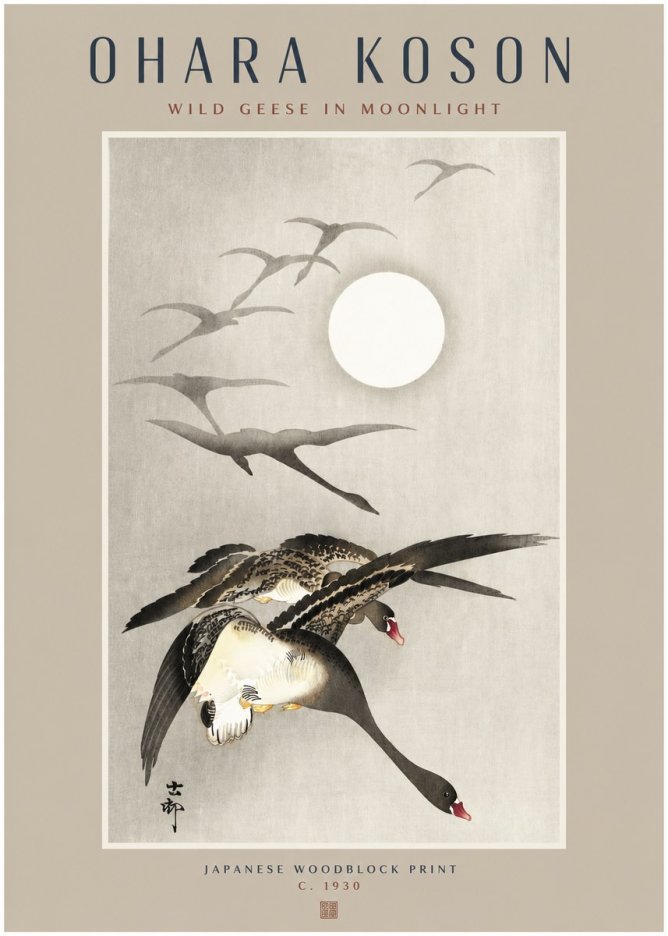 Ohara Koson Wild Geese in Moonlight I No2 - Affiche