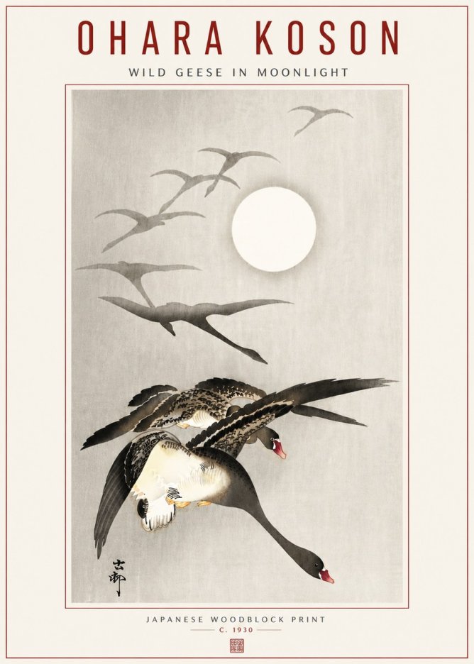 Ohara Koson Wild Geese in Moonlight I No5 - Affiche