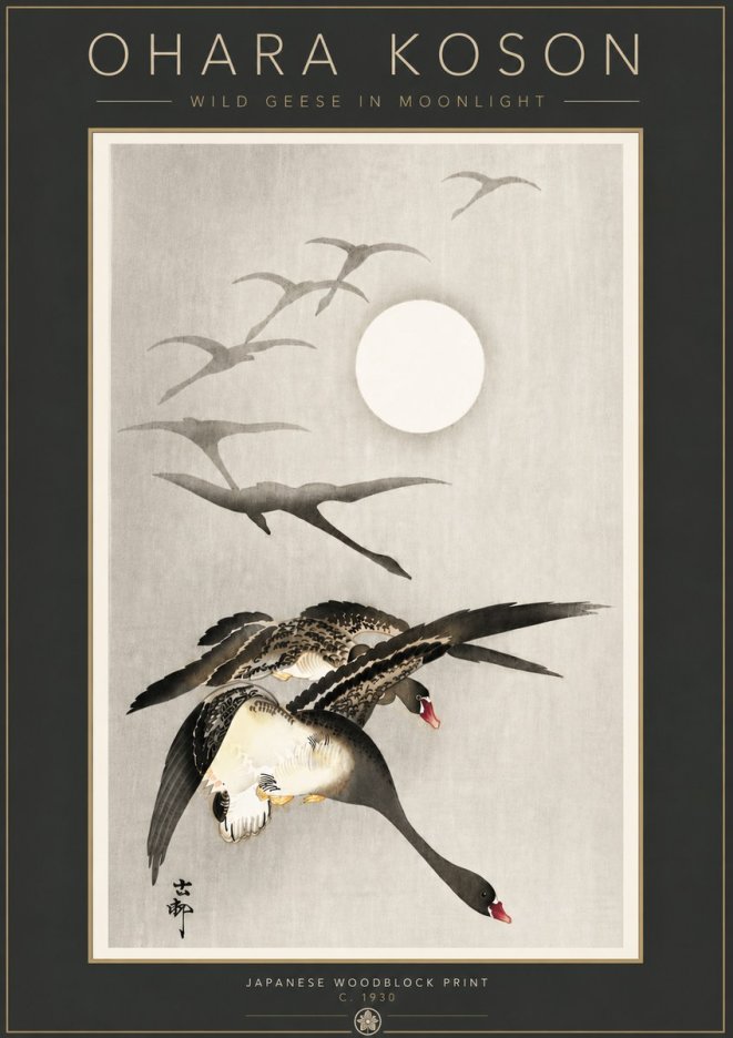 Ohara Koson Wild Geese in Moonlight I No6 - Affiche