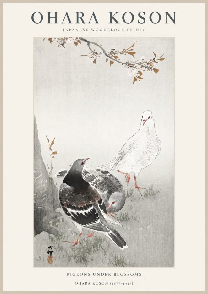 Ohara Koson Pigeons Under Blossoms No1 - Affiche