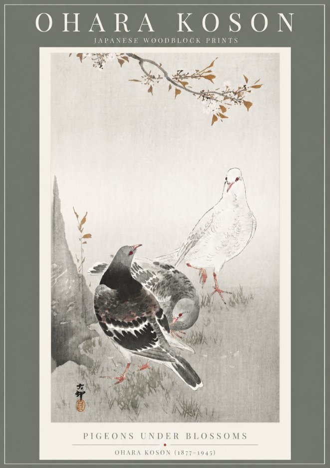 Ohara Koson Pigeons Under Blossoms No2 - Affiche