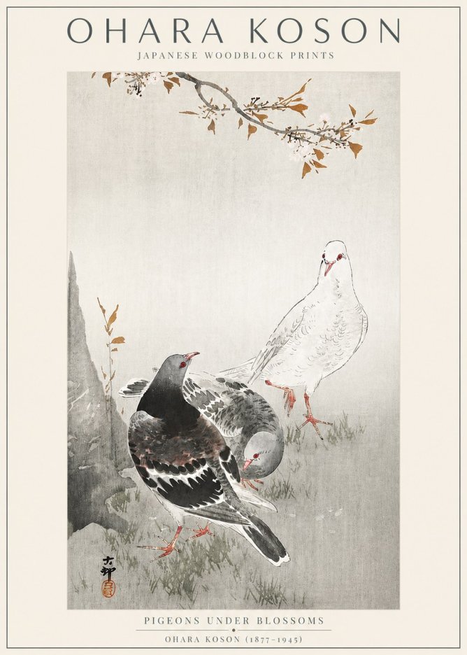 Ohara Koson Pigeons Under Blossoms No3 - Affiche