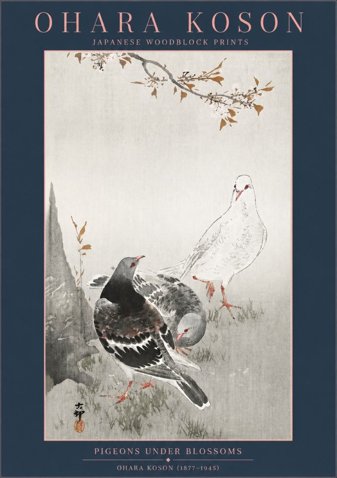 Ohara Koson Pigeons Under Blossoms No4 - Affiche