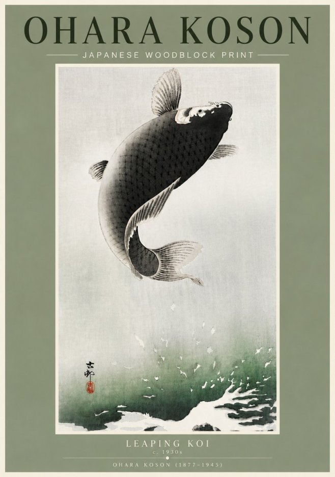 Ohara Koson Leaping Koi II No4 - Affiche