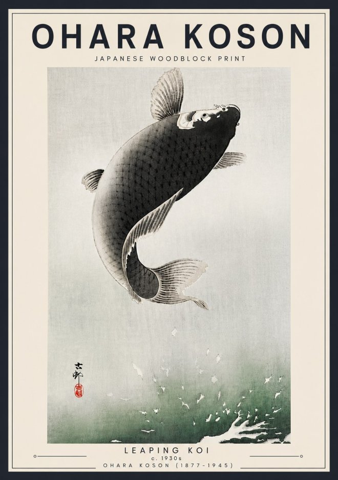Ohara Koson Leaping Koi II No6 - Affiche