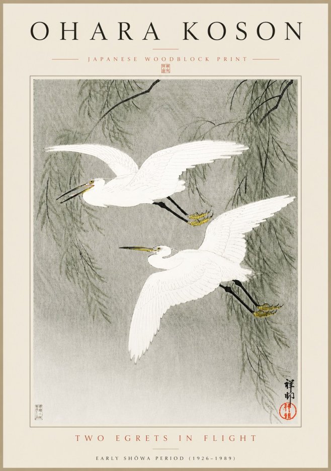 Ohara Koson Two Egrets in Flight No5 - Affiche