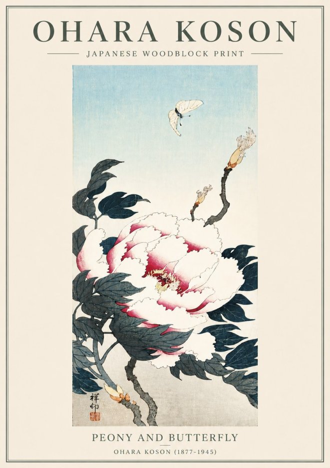 Ohara Koson Peony and Butterfly No5 - Affiche