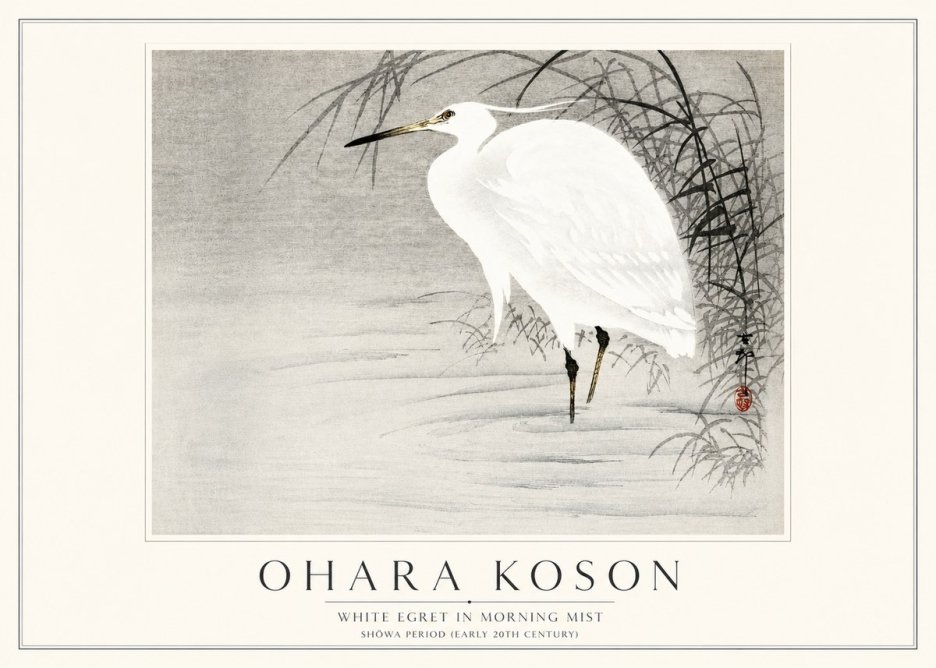 Ohara Koson White Egret in Morning Mist No3 - Affiche