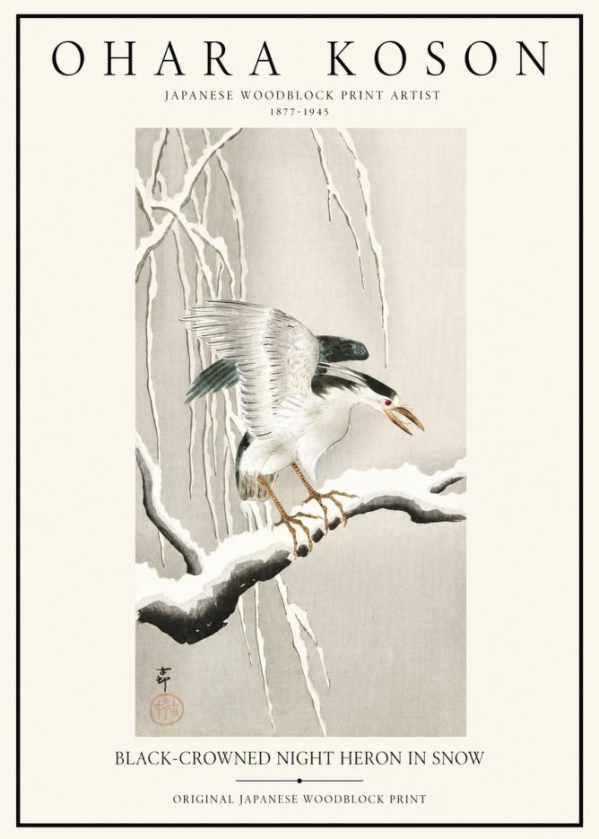 Ohara Koson Black-crowned Night Heron in Snow No1 - Affiche