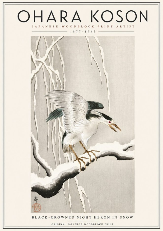 Ohara Koson Black-crowned Night Heron in Snow No3 - Affiche