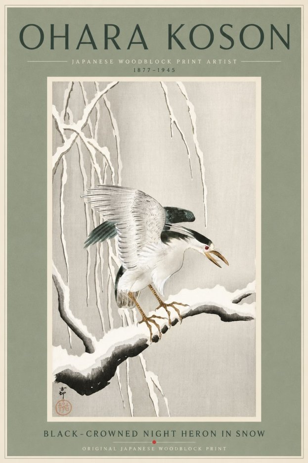 Ohara Koson Black-crowned Night Heron in Snow No4 - Affiche