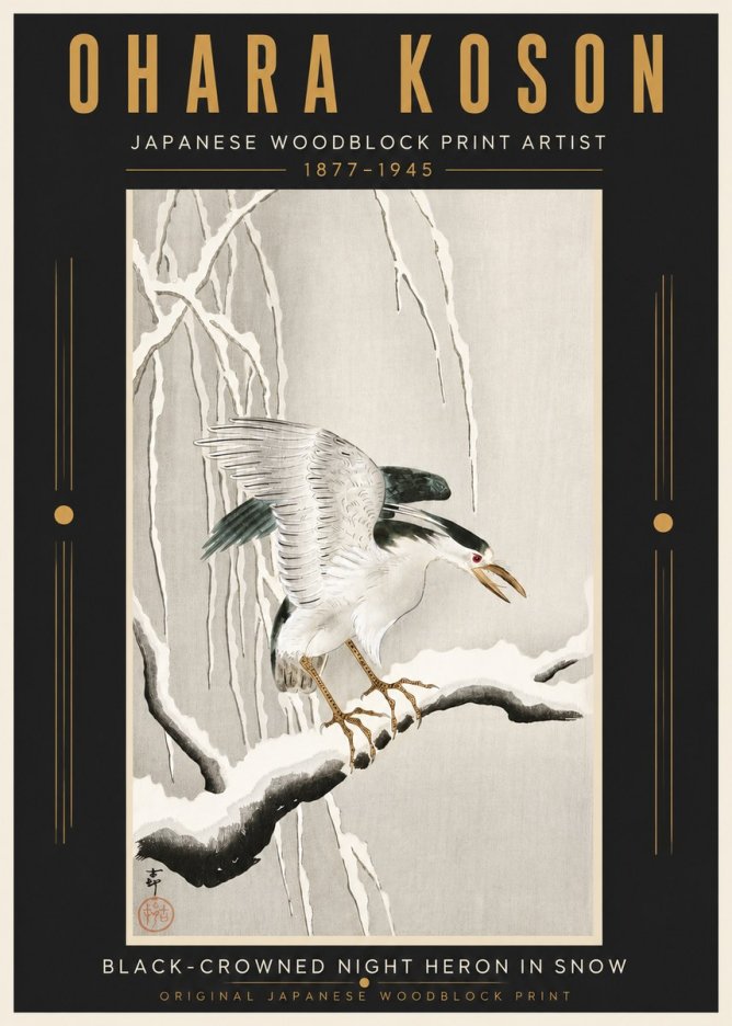 Ohara Koson Black-crowned Night Heron in Snow No5 - Affiche