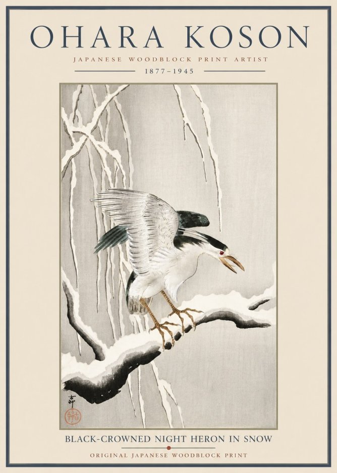 Ohara Koson Black-crowned Night Heron in Snow No6 - Affiche