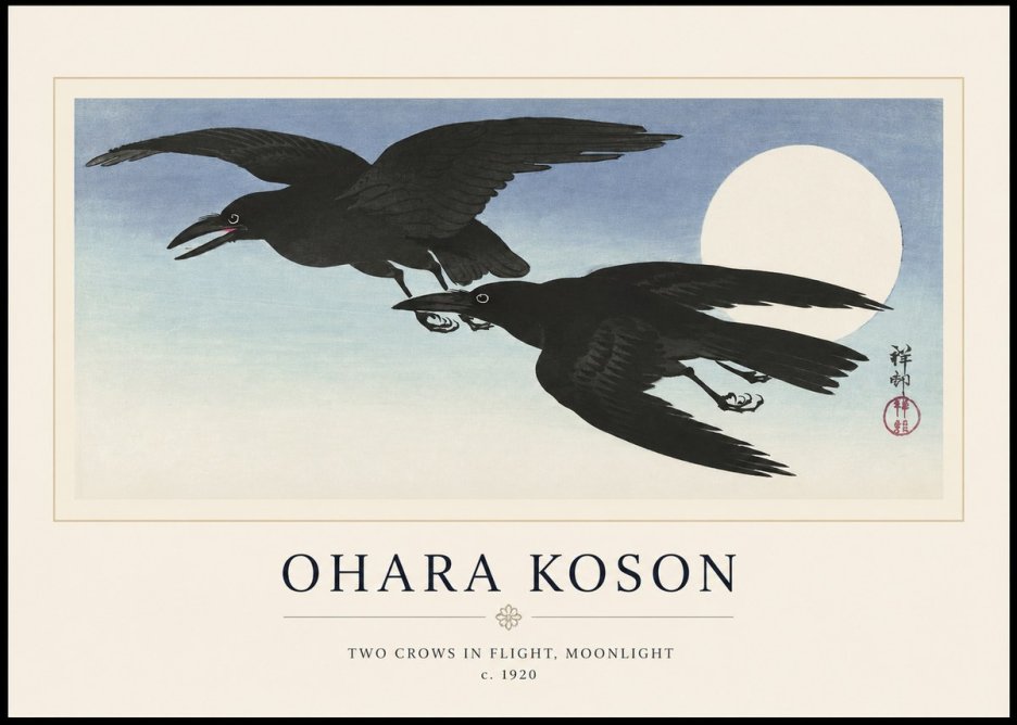 Ohara Koson Two Crows in Flight, Moonlight No1 - Affiche
