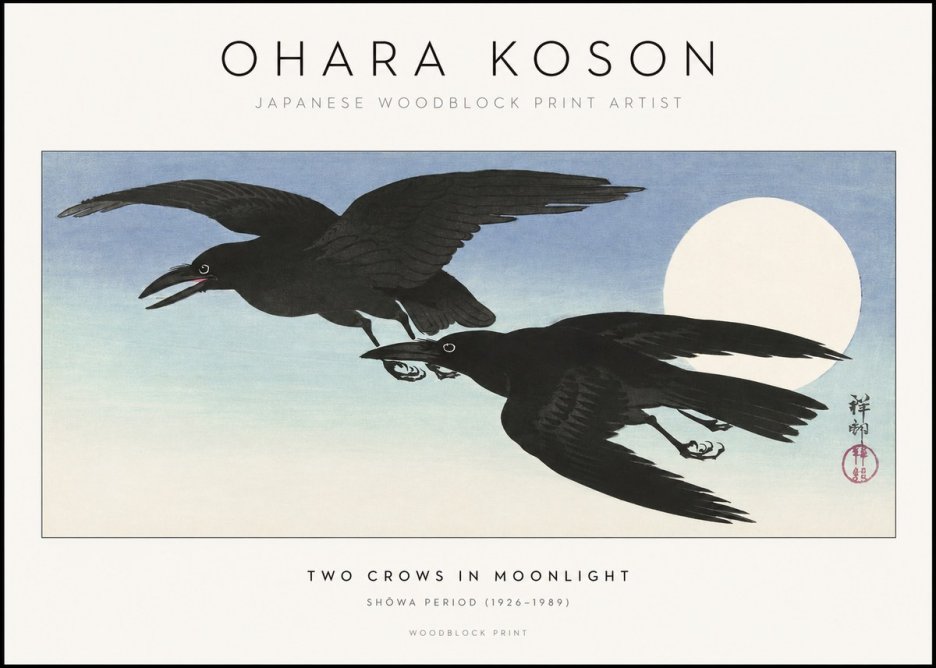 Ohara Koson Two Crows in Flight, Moonlight No2 - Affiche