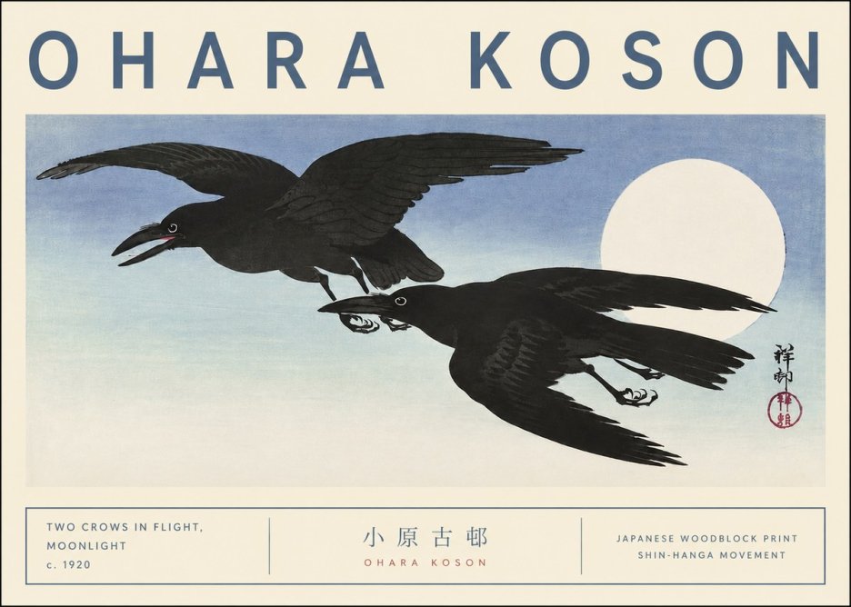 Ohara Koson Two Crows in Flight, Moonlight No3 - Affiche