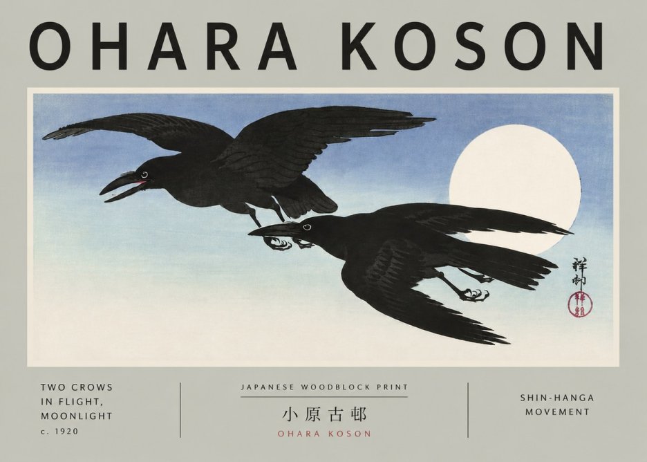 Ohara Koson Two Crows in Flight, Moonlight No5 - Affiche