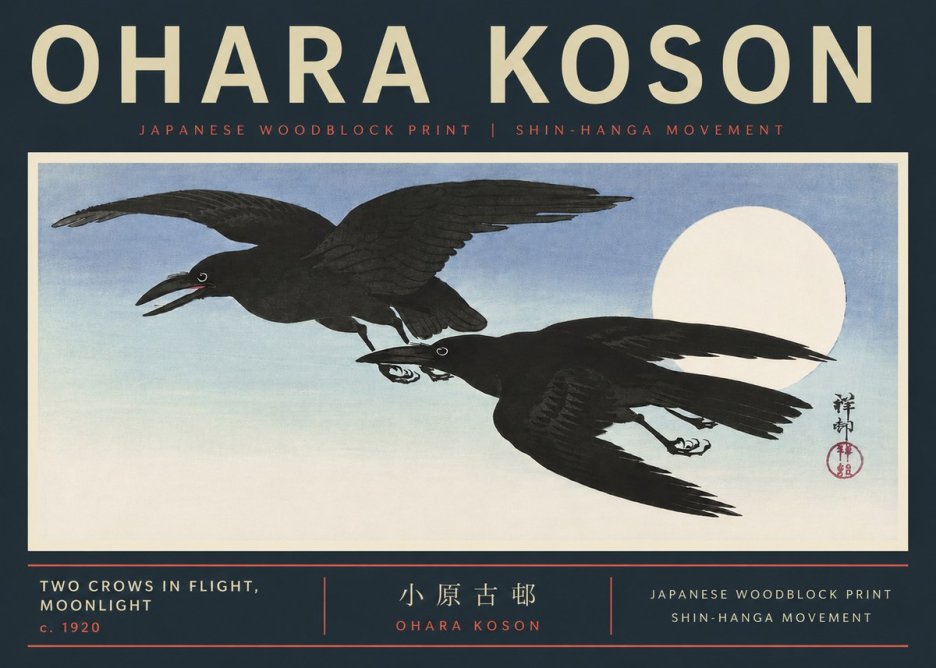 Ohara Koson Two Crows in Flight, Moonlight No6 - Affiche