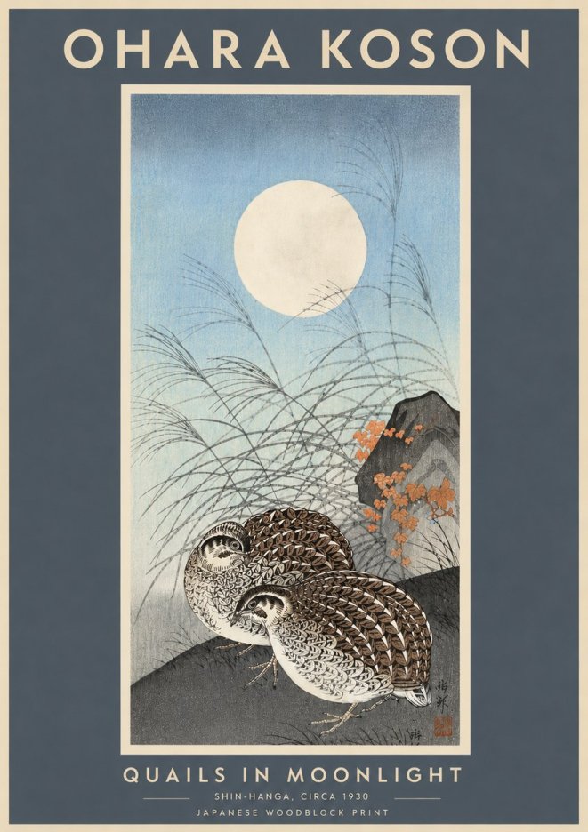 Ohara Koson Quails in Moonlight No6 - Affiche