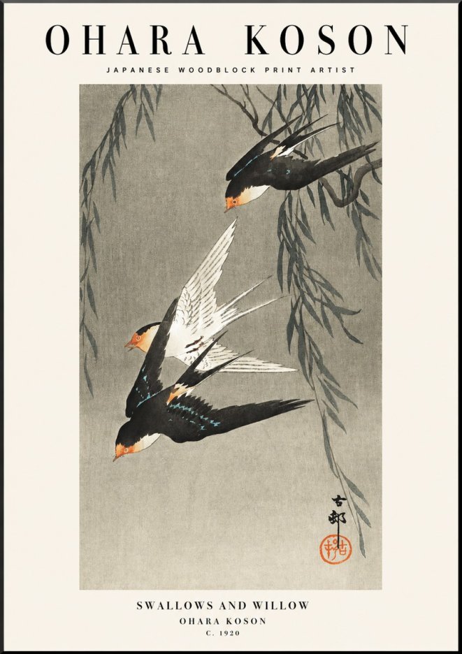 Ohara Koson Swallows and Willow II No1 - Affiche