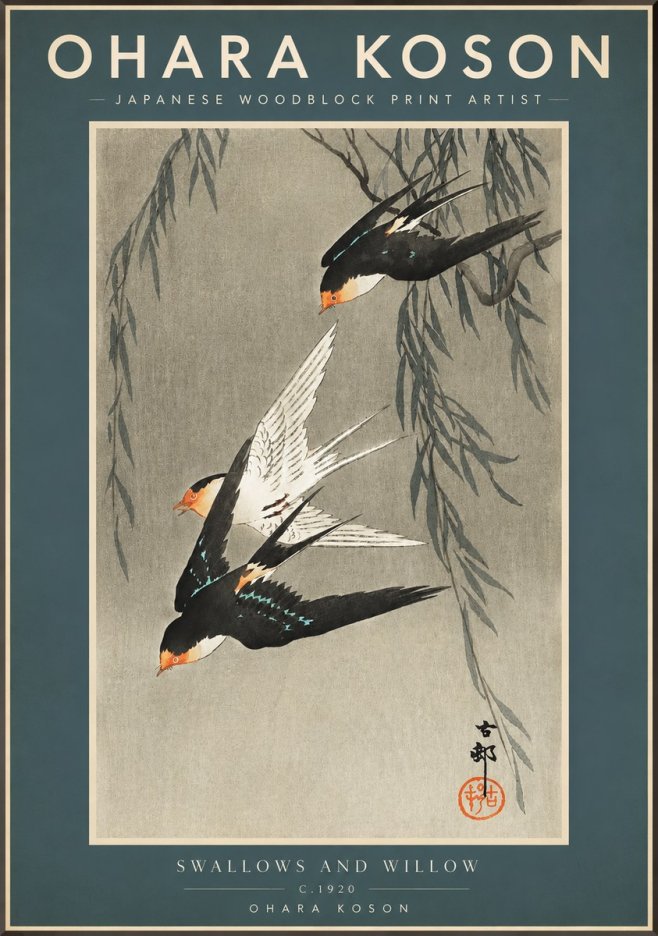 Ohara Koson Swallows and Willow II No2 - Affiche