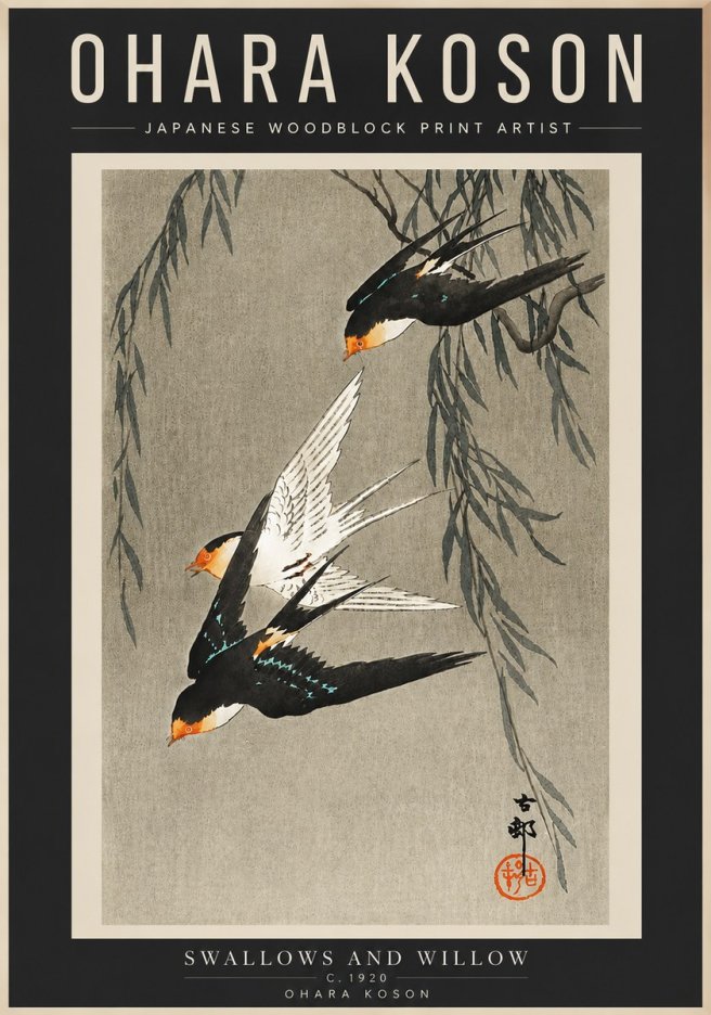 Ohara Koson Swallows and Willow II No4 - Affiche