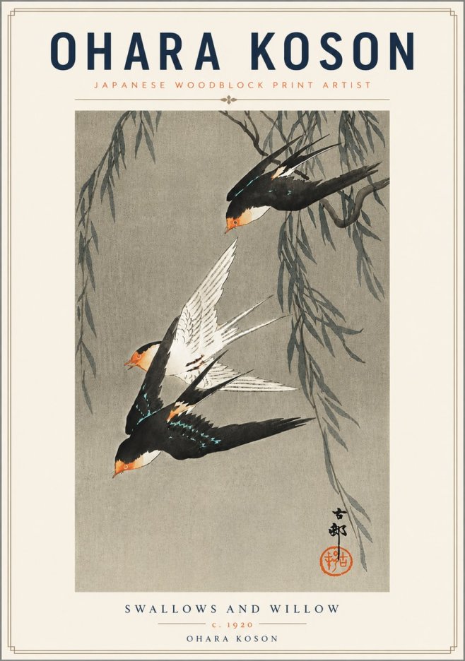 Ohara Koson Swallows and Willow II No6 - Affiche