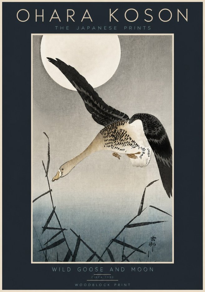 Ohara Koson Wild Goose and Moon No5 - Affiche
