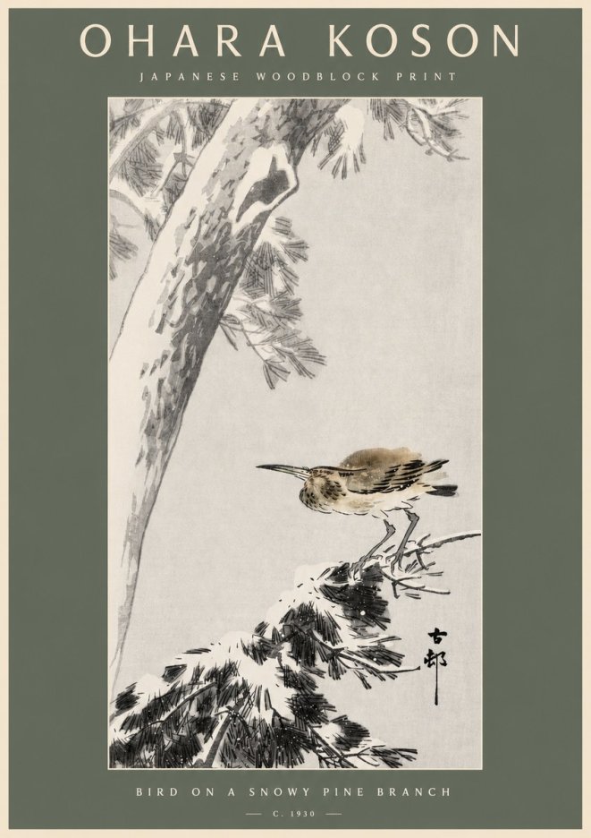 Ohara Koson Bird on a Snowy Pine Branch No2 - Affiche
