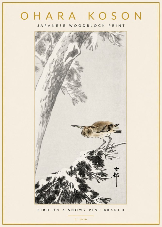 Ohara Koson Bird on a Snowy Pine Branch No3 - Affiche