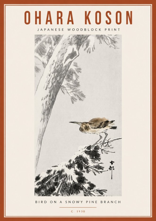 Ohara Koson Bird on a Snowy Pine Branch No6 - Affiche