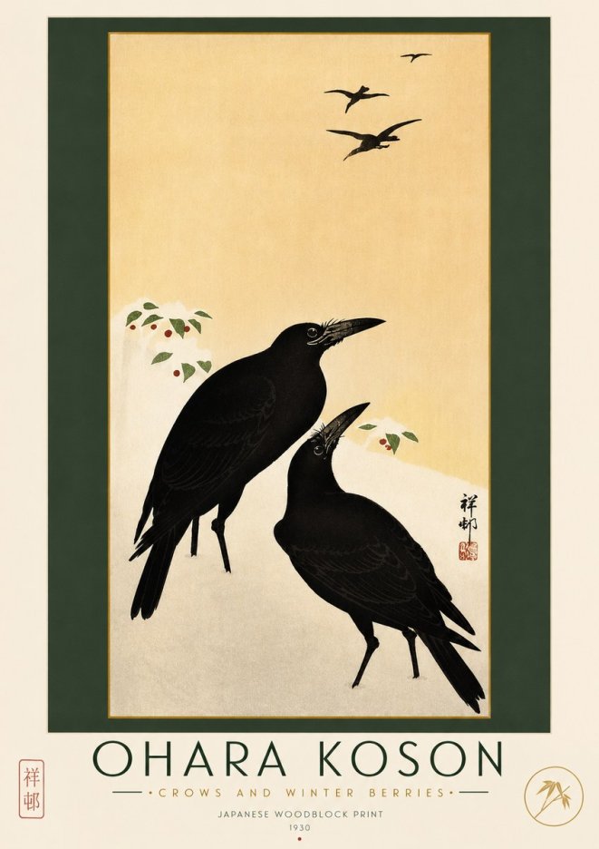 Ohara Koson Crows and Winter Berries No2 - Affiche