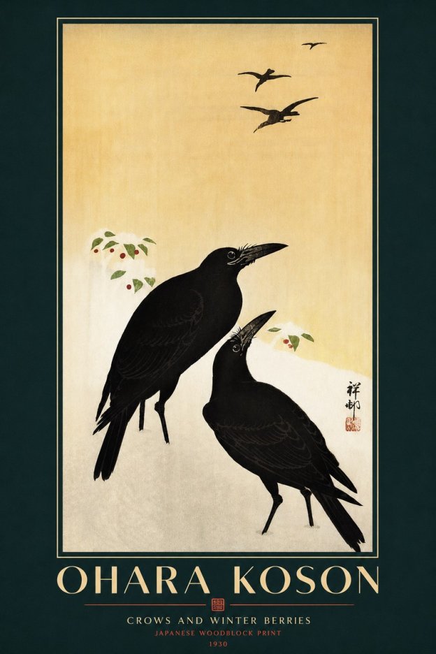 Ohara Koson Crows and Winter Berries No3 - Affiche