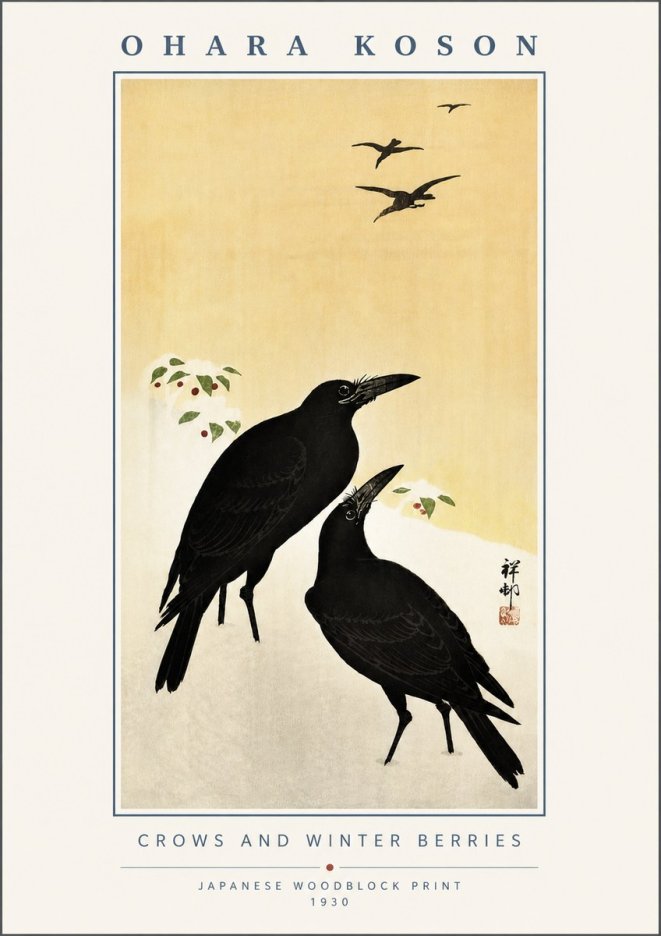 Ohara Koson Crows and Winter Berries No6 - Affiche