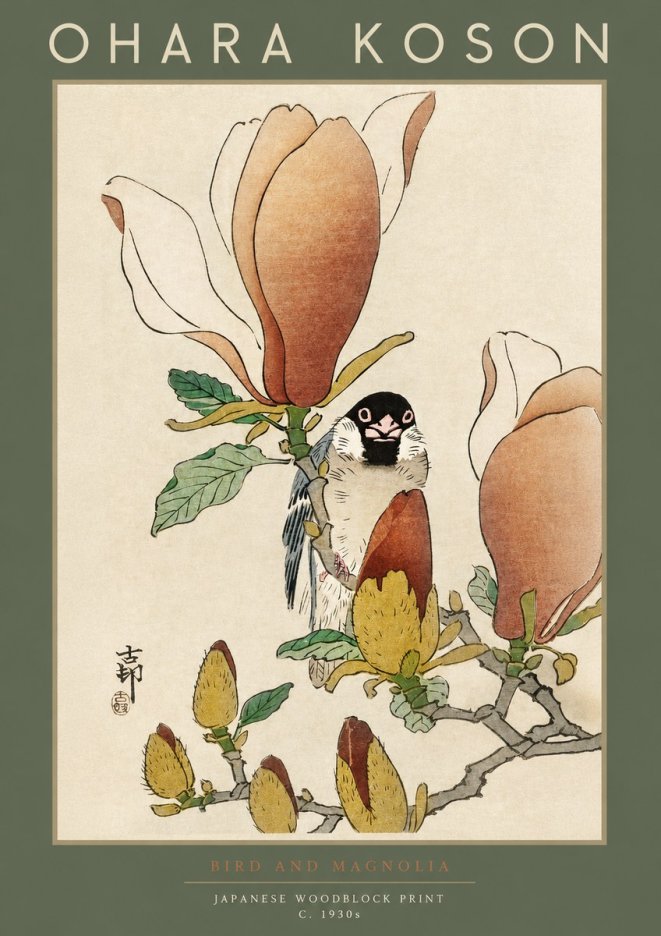 Ohara Koson Bird and Magnolia No2 - Affiche