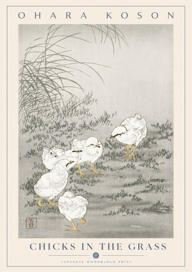 Ohara Koson Chicks in the Grass No2 - Affiche