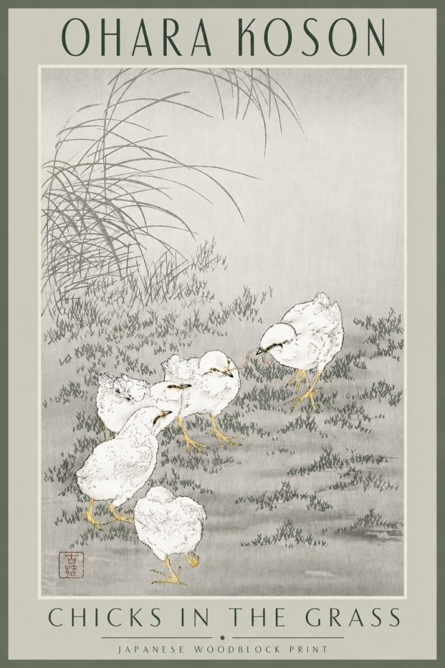 Ohara Koson Chicks in the Grass No3 - Affiche