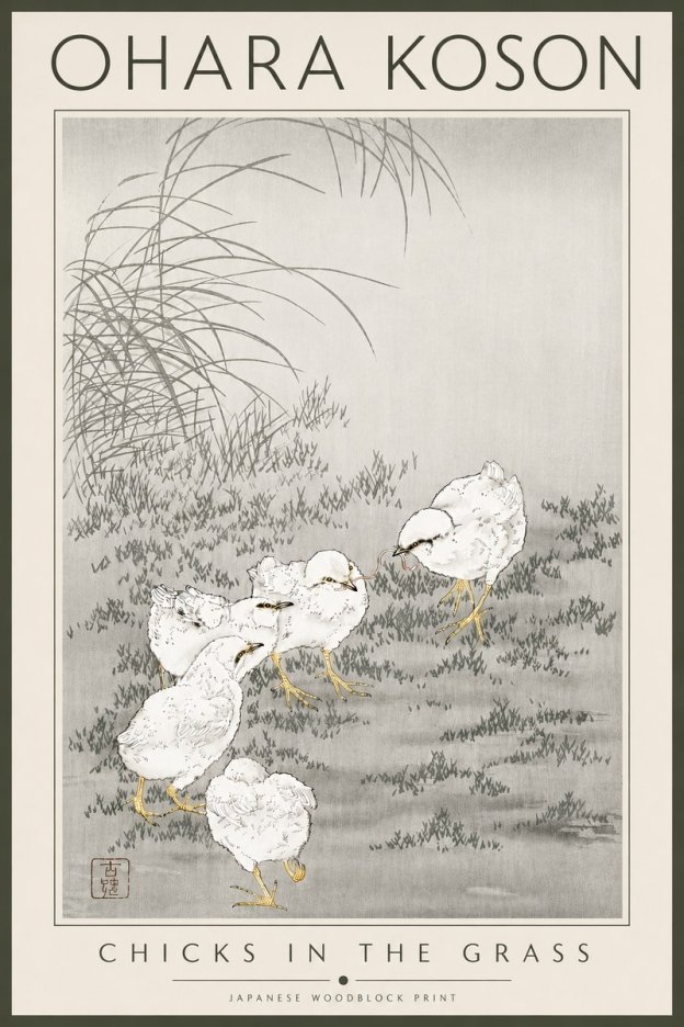 Ohara Koson Chicks in the Grass No4 - Affiche