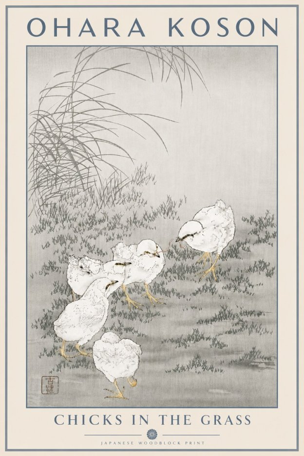 Ohara Koson Chicks in the Grass No5 - Affiche