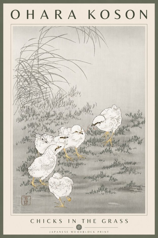 Ohara Koson Chicks in the Grass No6 - Affiche