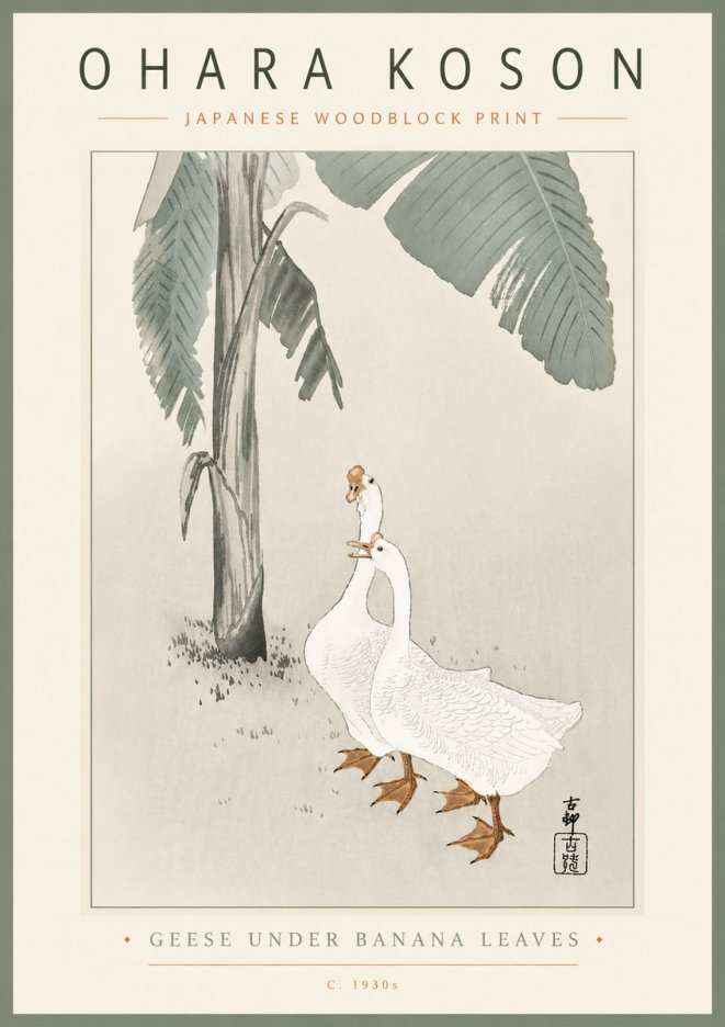 Ohara Koson Geese Under Banana Leaves No6 - Affiche