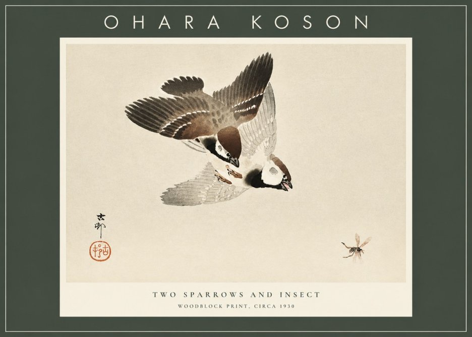 Ohara Koson Two Sparrows and Insect No2 - Affiche