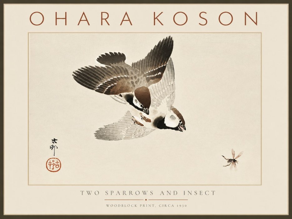 Ohara Koson Two Sparrows and Insect No6 - Affiche