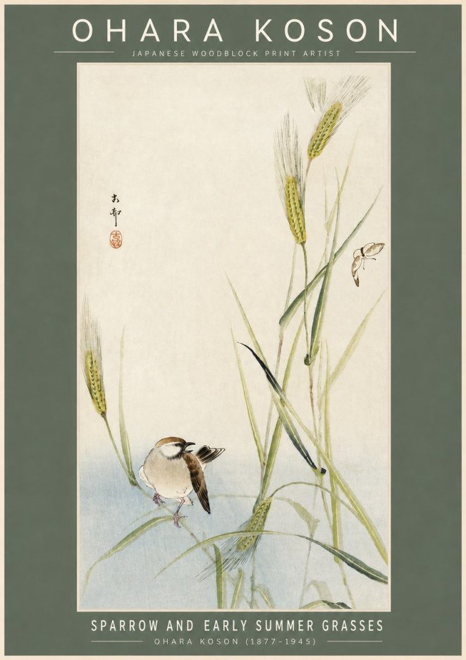 Ohara Koson Sparrow and Early Summer Grasses No2 - Affiche