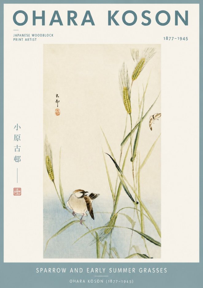 Ohara Koson Sparrow and Early Summer Grasses No4 - Affiche