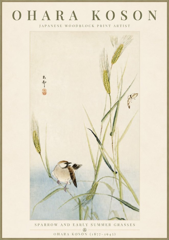 Ohara Koson Sparrow and Early Summer Grasses No5 - Affiche