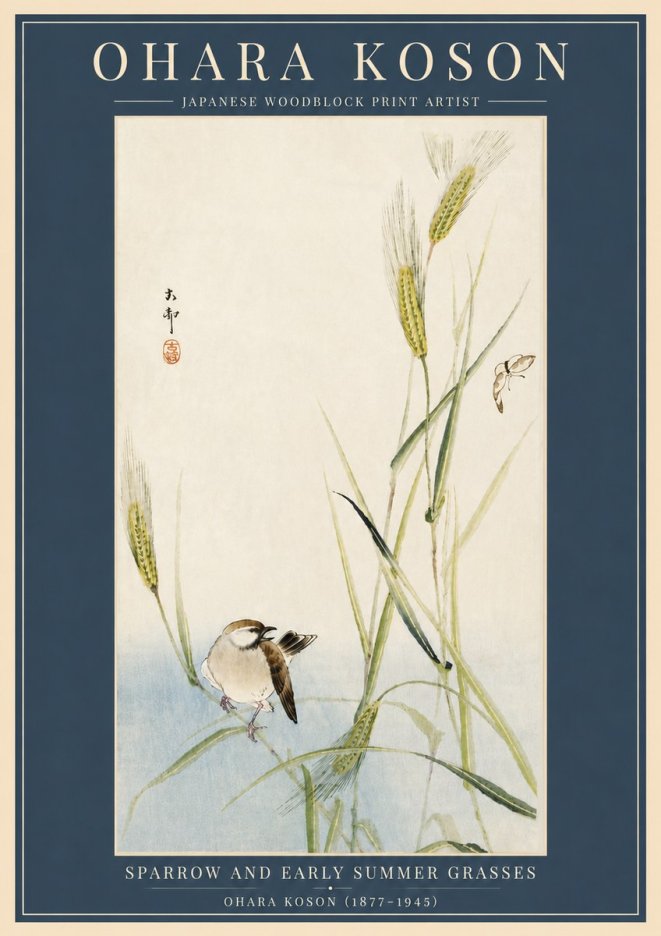 Ohara Koson Sparrow and Early Summer Grasses No6 - Affiche