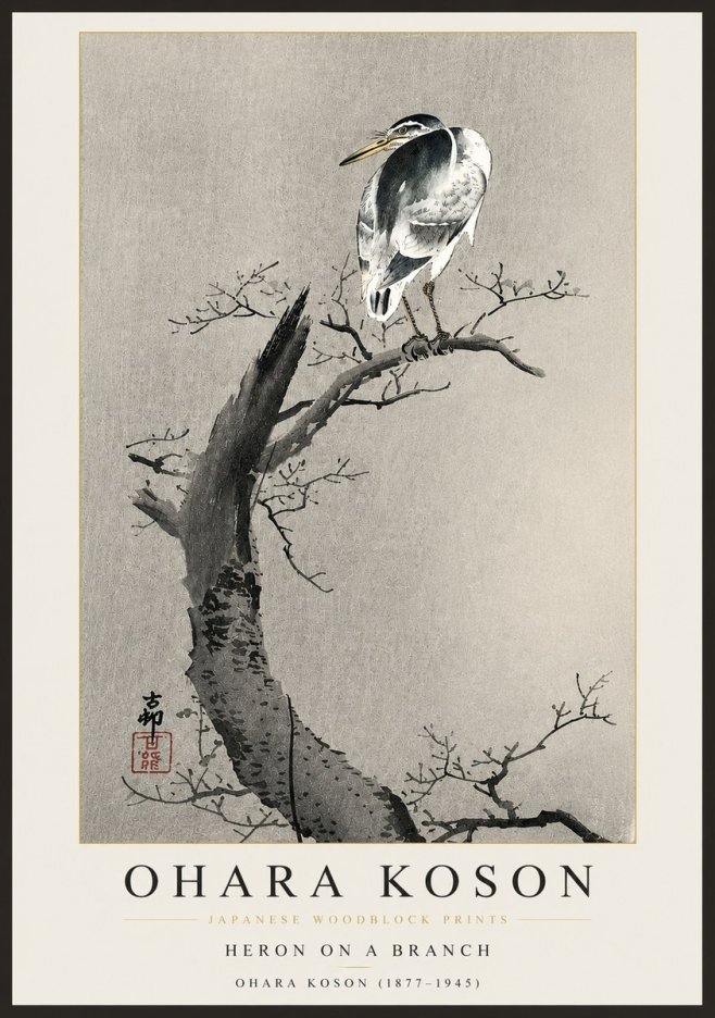 Ohara Koson Heron on a Branch No4 - Affiche