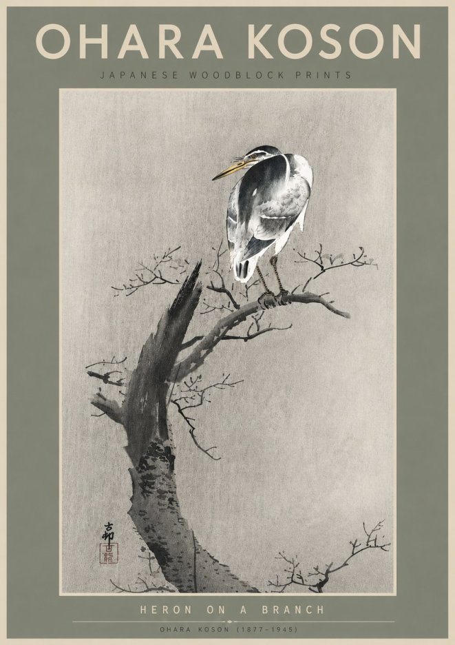Ohara Koson Heron on a Branch No6 - Affiche