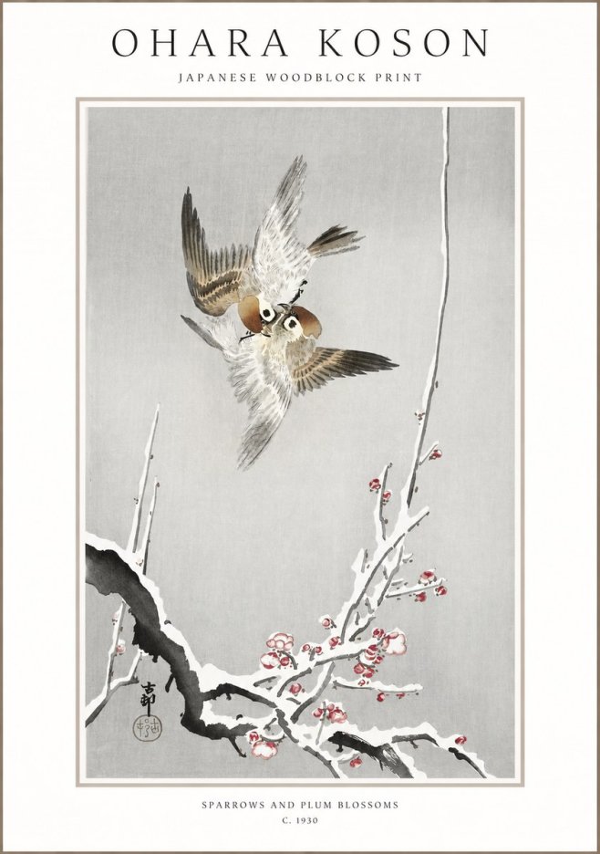 Ohara Koson Sparrows and Plum Blossoms No1 - Affiche